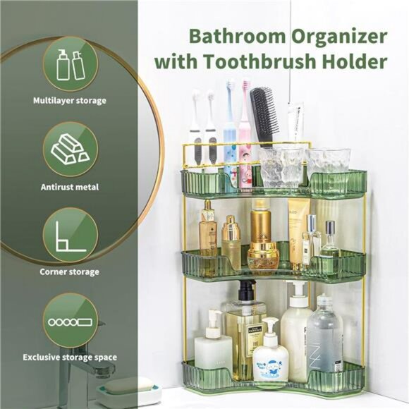 Green 3 tier corner makeup organizer with brush holder vanity storage shelf - Picture 6 of 7